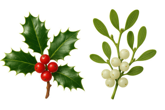 Holly and mistletoe sprigs with red and white berries for christmas and holiday decoration, transparent background