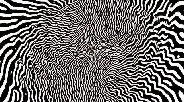A black-and-white abstract pattern creating optical illusion effects using repetitive lines, curves, and geometric balance.

