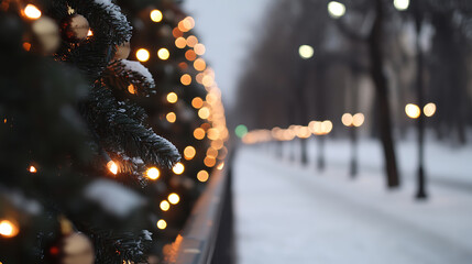 Experience the serene beauty of winter with this captivating image of snow-kissed evergreen trees adorned with soft, glowing lights. Embrace the quiet joy of the season.