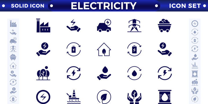 Electricity solid icon set with electromagnetic radiation, charger flow, lightning strike, static, induction, electric current, and electromagnetic radiation.