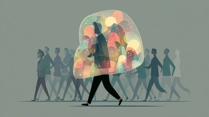 Abstract Businessman Walking Through Crowd, Colorful Aura, Introspective Mood, Modern Style Illustration