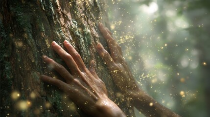 Serene Hands Touching Ancient Tree Bark; Magical Golden Dust; Nature Connection; Spiritual Wellbeing.