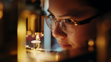 Focused determination in a scientist's eyes, examining details through a microscope. Precision and expertise in research under warm, focused lighting.