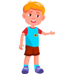 Friendly young boy with short blonde hair wearing a red t-shirt over a blue shirt and brown shorts with purple shoes stands smiling and gesturing to the side with a transparent background