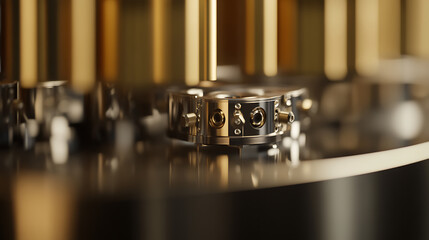 Precision engineering captured in a macro shot showcases a component crafted from chrome and gold. The focus highlights intricate details and the seamless integration of materials.