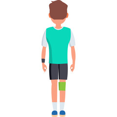 Full Body Back View of a Young Athletic Man Wearing a Teal T-shirt Dark Shorts and a Green Knee Brace Standing Against a White Background