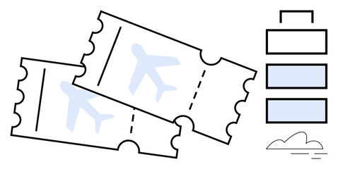 Two flight tickets with airplane icon, stacked luggage, and cloud. Ideal for travel, tourism, booking, vacation, flight logistics or planning representation. Simple flat metaphor