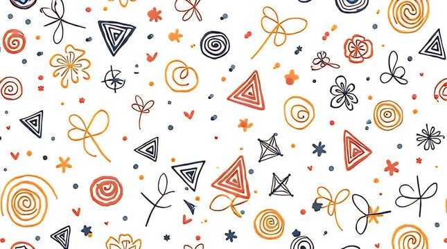 An abstract hand-drawn doodle pattern filled with random geometric lines, spirals, triangles, and playful shapes on a white background.
