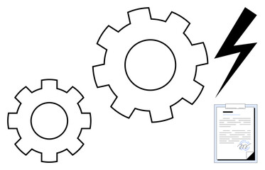 Two cogwheels and a lightning bolt alongside a signed document symbolize innovation, productivity, cooperation, and business processes. Ideal for technology, engineering, contracts, energy, workflow