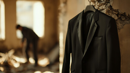 A stark contrast: a black suit hangs in a ruined building, symbolizing resilience and unexpected elegance amidst desolation. A figure is visible in the background.