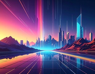 Futuristic city skyline with vibrant sunset reflected on a tiled surface