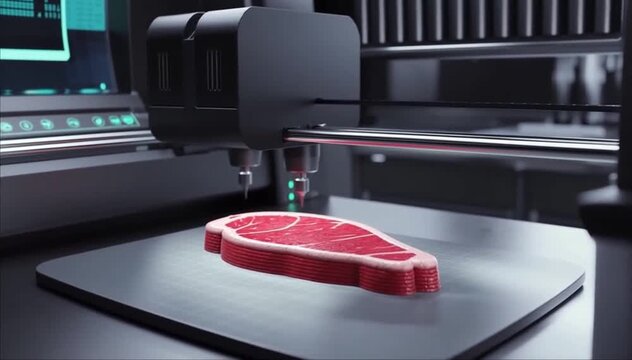A 3D printer creates a realistic steak on a sleek black surface. The machine features advanced technology and a modern design, showcasing future food production.