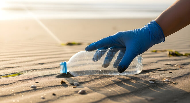 Dedicated individual wearing protective glove cleans up discarded plastic waste on a pristine beach