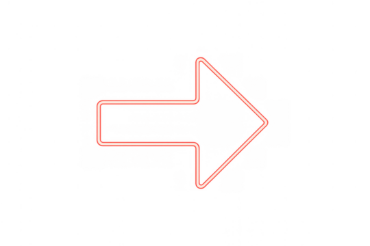 Red neon glowing arrow pointing right, indicating direction, future, next step, progress, or navigation on a transparent background