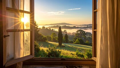 Open window frames a sunlit Tuscan landscape with rolling hills and morning mist. Warm, inviting, serene