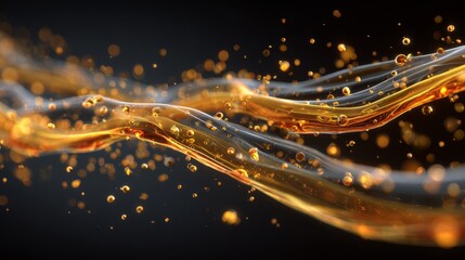 Amber Liquid Flowing,  Dynamic 3D Render,  Luxurious and Elegant Texture,  Dark Background.