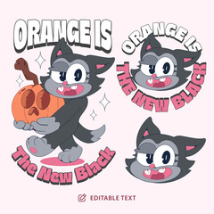 Black Cat with Pumpkin Vintage Cartoon Character Halloween