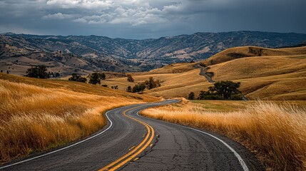 Winding Road Through Golden Grass Slope and Mountains, Showing Fusion of Rural Road and Natural Landscape