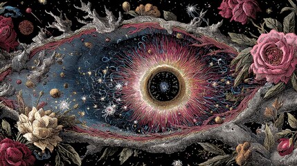 Cosmic Eye: Intricate Engraving of Celestial Eye Framed by Roses and Vines, Mystical, Dark Fantasy Art