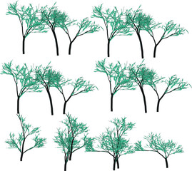 Graphic Illustration of Sparse Trees with Aqua Foliage on a White Background Minimalist Design Pattern