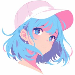 Minimalist pastel anime style girl portrait with white and blue hair  for avatar, branding, or Japanese pop design.