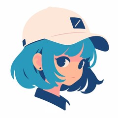 Minimalist pastel anime style girl portrait with white and blue hair  for avatar, branding, or Japanese pop design.