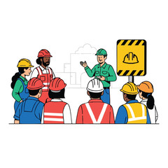 A construction foreman giving a safety briefing to a group of construction workers, emphasizing safety protocols and guidelines.