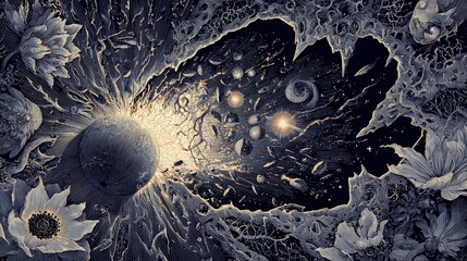 Cosmic Bloom: Intricate Engraving of Celestial Explosion, Floral Frame, Dark Fantasy Art