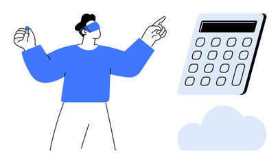 Person wearing VR headset interacts with digital calculator and cloud. Ideal for technology, innovation, virtual reality, fintech, cloud computing, future learning, simple flat metaphor