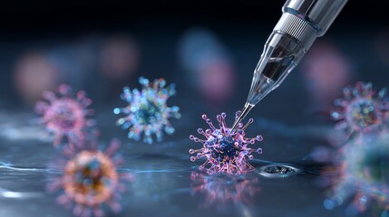 Microscopic Virus Research:  High-Resolution 3D Render of a Pipette Sampling a Virus in a Liquid Medium.