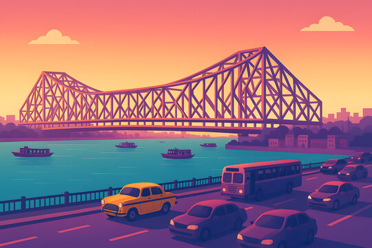 Vibrant sunset view of Howrah Bridge in Kolkata with busy traffic, boats on the Hooghly River, and warm golden lighting. Ideal for travel, tourism, business, and urban lifestyle projects.