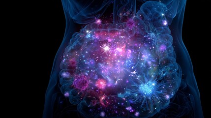 Intricate 3D Render: Human Gut Microbiome, Cosmic Nebula Style, Vibrant Hues, Scientific Illustration.