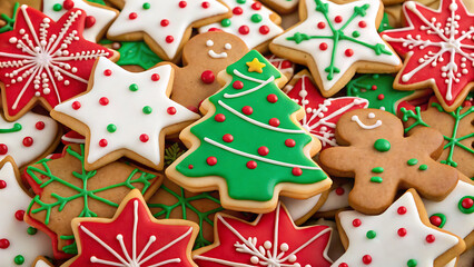 Close up overhead view of a festive assortment of freshly baked and decorated christmas holiday cookies