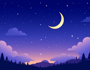Naklejka premium Night sky background. Starry dark gradient space. Crescent moon and clouds dreamy sce