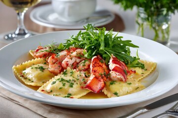 Lobster ravioli with arugula and seafood sauce