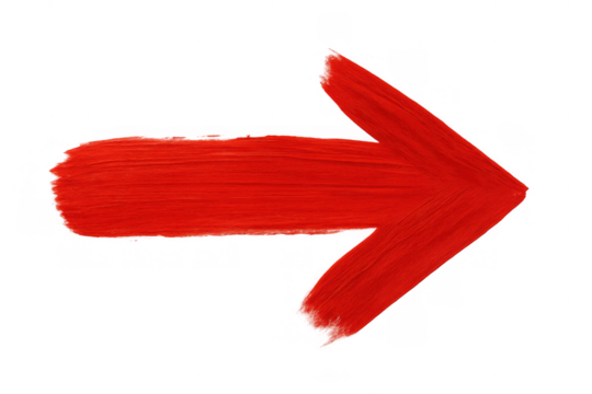 Red arrow painted with a brush stroke pointing right, indicating direction, success, choice, or movement on transparent background - Powered by Adobe