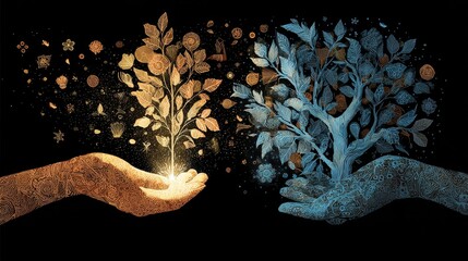 Ornate Hands Cradle Glowing Sapling and Mature Tree;  Mystical, Spiritual, Growth Concept.