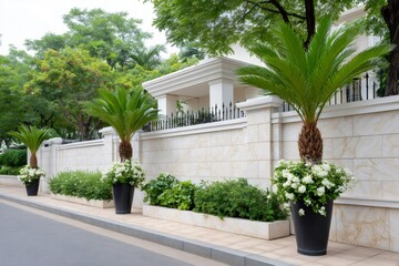 Fototapeta premium Sago palms growing in planters along stone wall