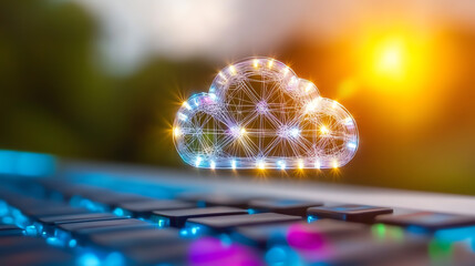 Cloud computing concept with a glowing cloud over a keyboard, symbolizing digital storage and innovation.