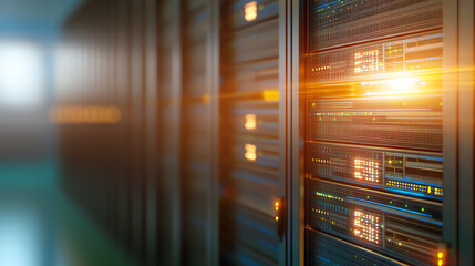 Close-up view of modern server racks with illuminated indicators in a data center.