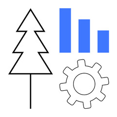 Tree outline, bar chart, and gear convey sustainability, nature, innovation, progress, technology, ecology and environmental strategies. Ideal for eco-friendly concepts business and partnerships