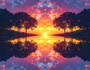 Wanddecoratie Reflectie Symmetrical landscape features trees silhouetted against a brilliant sunset sky reflected in calm water. Vivid orange and purple hues  © Dali