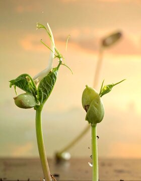 A close-up of sprouting beans, lit with an ethereal glow