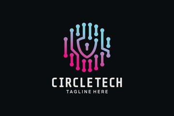 Modern technology logo with circular circuit lines forming a shield shape, symbolizing digital security and innovation in tech design