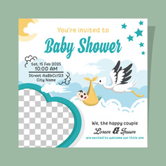 Baby shower invitations or social media posts feature a stork carrying a baby with empty space for a photo