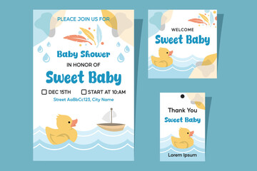 Design baby shower invitations, social media posts and hanging tags for cute souvenirs with a yellow duck and water theme