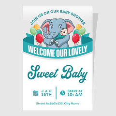 A cute baby shower invitation featuring an elephant carrying a human baby, perfect for welcoming a sweet baby