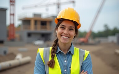 Female hispanic lady woman engineer smiling at construction site. High quality