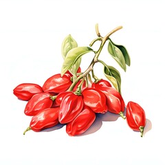 Fototapeta premium Vibrant red habanero peppers with green leaves on a branch