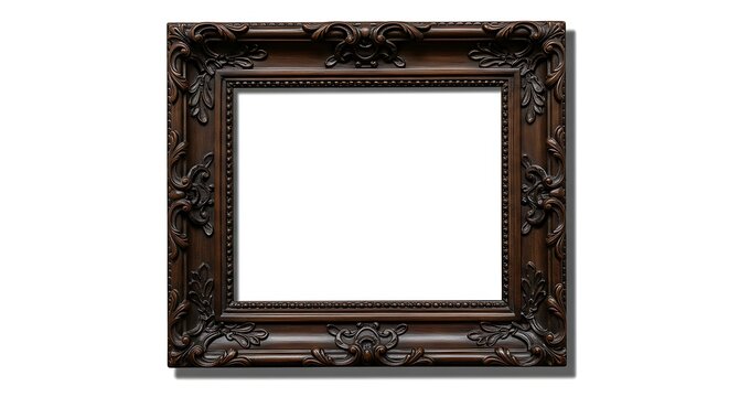 Elegant antique carved dark wood picture frame with ornate details, isolated on a clean white background for artwork or portraits